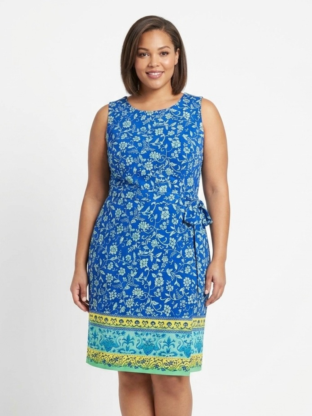 Sag Harbor 18 Blue Floral Border Wrap Dress Sleeveless
